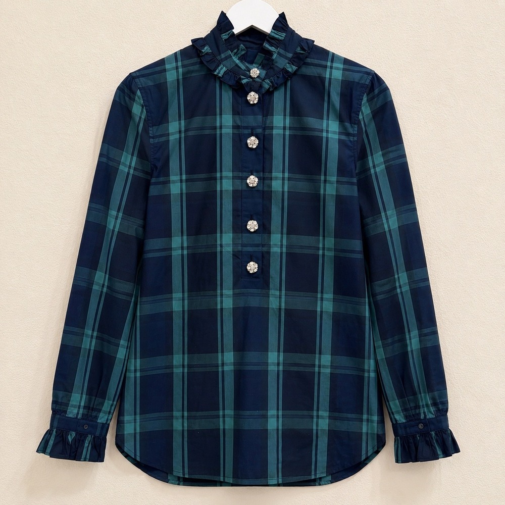J.Crew Classic-fit‎ Ruffleneck Popover Top Black Tartan Women 2 Jewel buttons